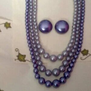 Vintage 3-Strand Blue Faux Pearl Tone Necklaces with Married Earrings